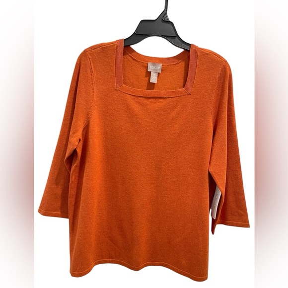 Chico’s Square Neck Rustic Orange Heather Pullover Sweater 3/4 Sleeve Nwt 2 - Picture 1 of 10
